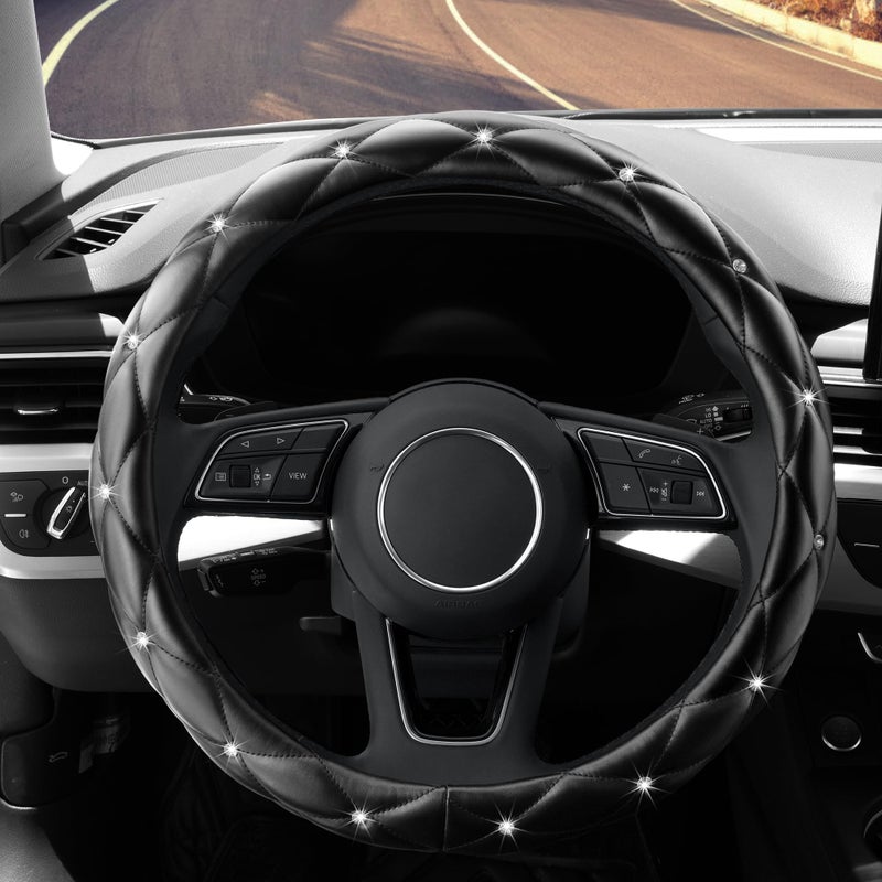 YOGURTCK Diamond Soft Leather Anti-Slip Steering Wheel Cover with Bling Bling Crystal Rhinestones, Universal 15 Inch for Women Girls, Fit Vehicles, Sedans, SUVs, Vans, Trucks - Black - Image 2