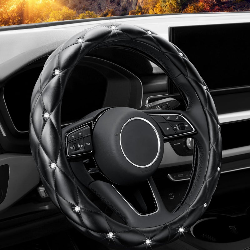YOGURTCK Diamond Soft Leather Anti-Slip Steering Wheel Cover with Bling Bling Crystal Rhinestones, Universal 15 Inch for Women Girls, Fit Vehicles, Sedans, SUVs, Vans, Trucks - Black - Image 1