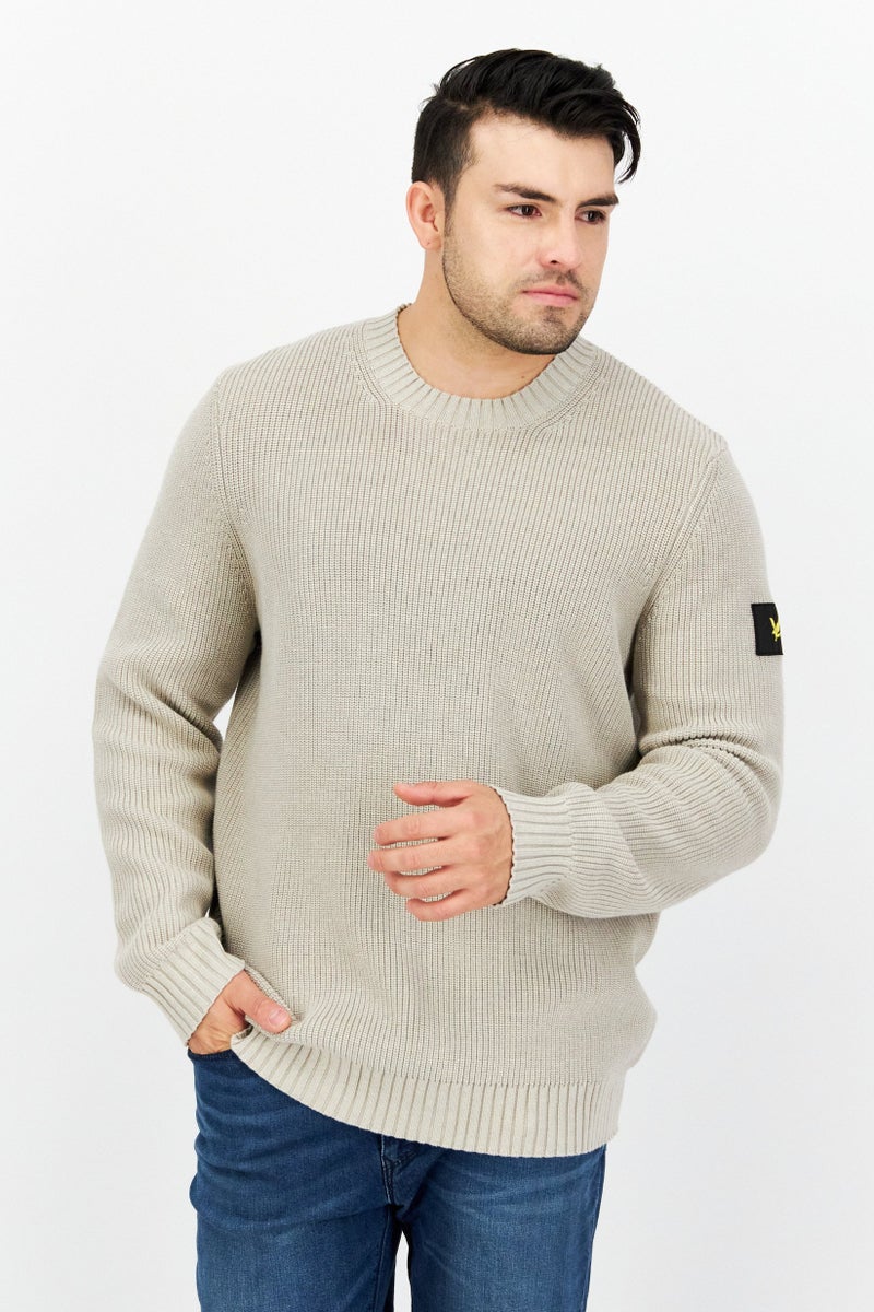 Lyle & Scott Men Crew Neck Ribbed Long Sleeve Printed Sweaters, Light Grey - Image 1