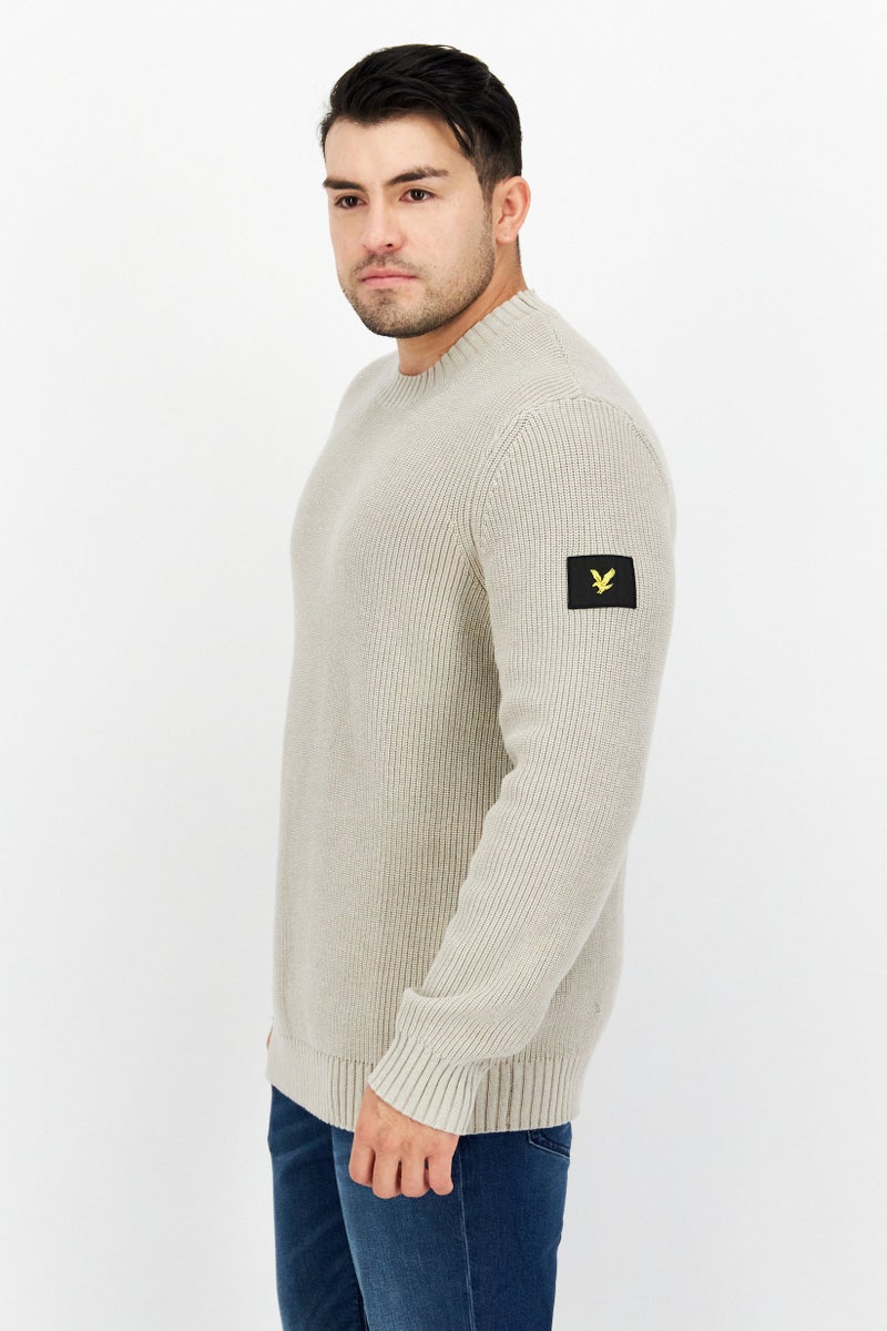 Lyle & Scott Men Crew Neck Ribbed Long Sleeve Printed Sweaters, Light Grey - Image 2