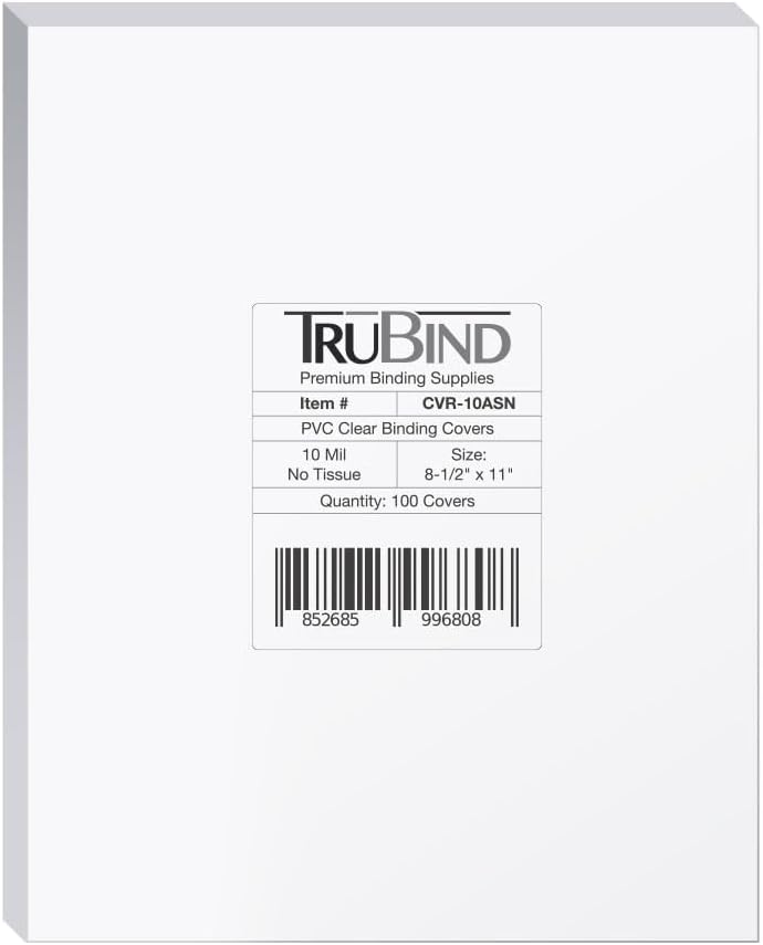 TruBind Binding Covers for Reports and Presentations - Crystal Clear PVC - 10 Mil Thick - Letter Size - 8 1/2 inch x 11 inch - Square Corners - No Tissue Interleaving - 100/Bx (CVR-10ASN) - Image 1