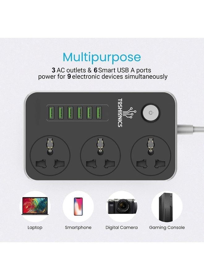 JAJEEK 3 Way Power Strips Extension Cords | Adapter Extension 6 USB Charging Ports | 3 Universal Plugs Power Strip With 2 Metres Surge Protection Cable Extension Black/Grey 150x97x30mm  - Image 2