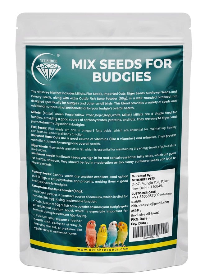 بذور نيتيشري الممتازة لطيور البادجي، بذور غنية بالبروتين مع مسحوق عظام الحبار - 150 غرام إضافي، للبادجي والببغاوات الصغيرة والطيور الصغيرة، عبوة من ثلاث قطع وزن كل منها 850 غرام. - Image 2