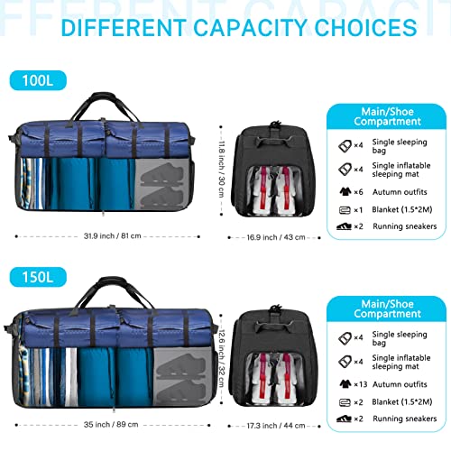 Gonex 100L Large Foldable Travel Duffle Bag with Shoes Compartment, Packable Lightweight Water Repellent Duffel Bag for Camping Gym Weekender Bag Blackish Green - Image 5