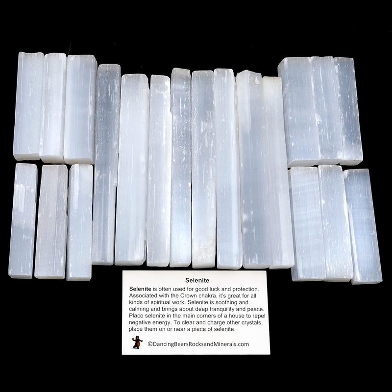 Dancing Bear DANCING BEAR 2 Pound Selenite Small Sticks- Wands Premium Hand-Sorted Plus Include a Piece of Black Tourmaline Crystal and Educational ID Cards, Bulk, Reiki, Chakra, Good Luck & Protection 