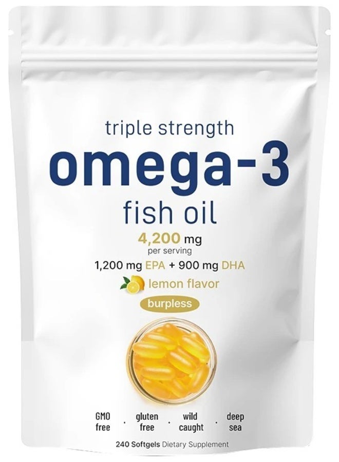 أوميغا الملاحظات الغذائية من زيت السمك أوميجا 3 بكمية 4200 ملغ لكل جرعة، 240 كبسولة ناعمة – بنكهة الليمون – بدون نضارة | 1200 ملغ إيبي إيه + 900 ملغ ديها | سمك من البحار العميق، بقوة ثلاثية المعدل - Image 1