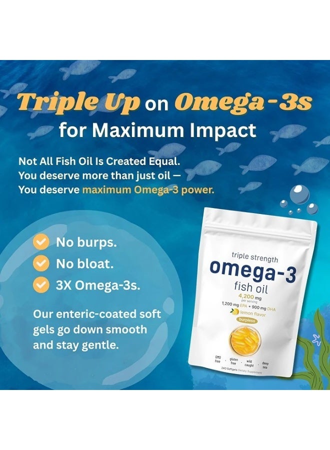 أوميغا الملاحظات الغذائية من زيت السمك أوميجا 3 بكمية 4200 ملغ لكل جرعة، 240 كبسولة ناعمة – بنكهة الليمون – بدون نضارة | 1200 ملغ إيبي إيه + 900 ملغ ديها | سمك من البحار العميق، بقوة ثلاثية المعدل - Image 2