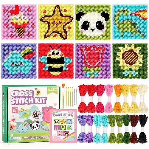 Caydo 8-in-1 Cross Stitch Kit for Beginners Kids, Includes 8 PCS Plastic Canvas with Pre-Patterns, 13 Colors Threads, Instructions, Embroidery Needles for Beginners Sewing - Image 1