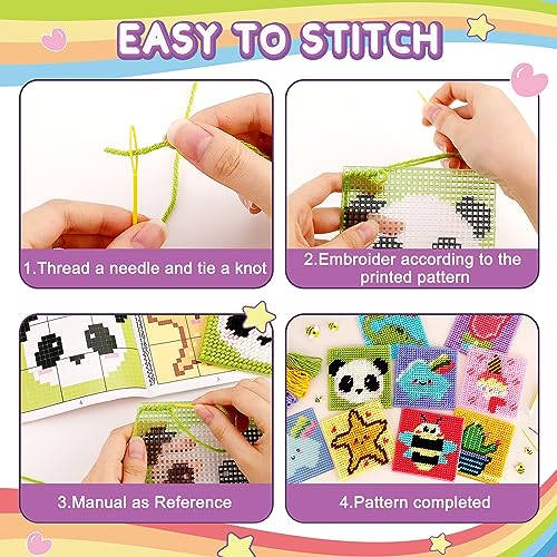 Caydo 8-in-1 Cross Stitch Kit for Beginners Kids, Includes 8 PCS Plastic Canvas with Pre-Patterns, 13 Colors Threads, Instructions, Embroidery Needles for Beginners Sewing - Image 4