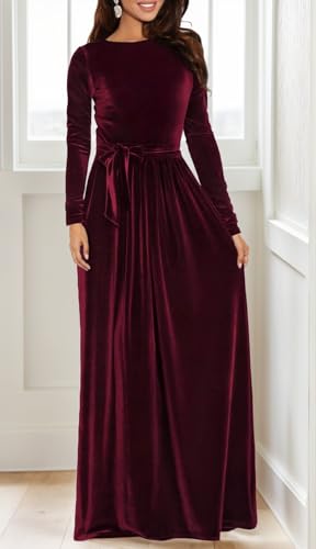 BestGirl Women's Velvet Maxi Dress Crew Neck Long Sleeve High Waist with Belt Cocktail Party Bridesmaid Dresses - Image 5