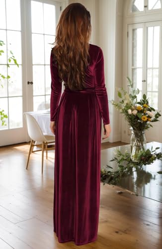 BestGirl Women's Velvet Maxi Dress Crew Neck Long Sleeve High Waist with Belt Cocktail Party Bridesmaid Dresses - Image 2