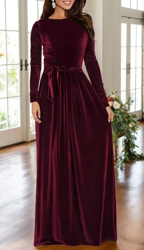 BestGirl Women's Velvet Maxi Dress Crew Neck Long Sleeve High Waist with Belt Cocktail Party Bridesmaid Dresses - Image 4