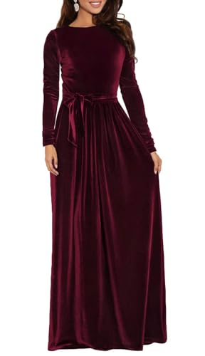BestGirl Women's Velvet Maxi Dress Crew Neck Long Sleeve High Waist with Belt Cocktail Party Bridesmaid Dresses - Image 1