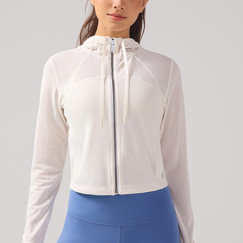 Generic Summer New Slim-fit Breathable Collar Sun Protection Clothing Sports Yoga Quick-drying Tight Nylon Outdoor Sports Jacket for Women White 