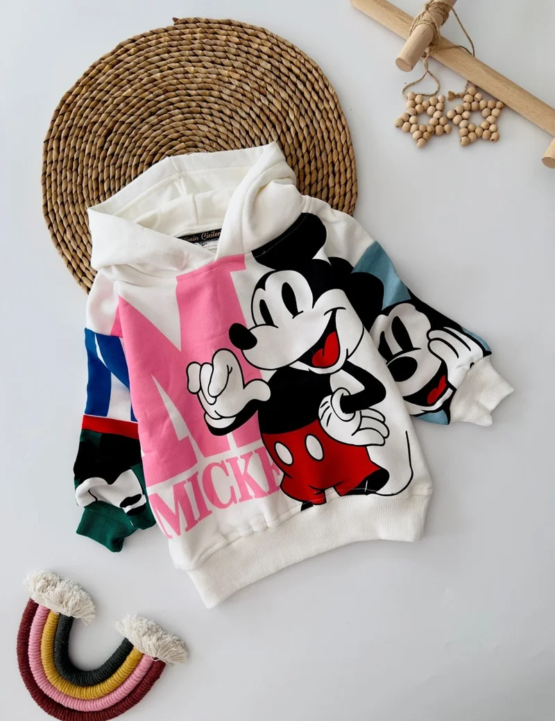 Miniğimin Cicileri My Little Ones Cicileri Mcky Printed Colorful Hooded Unisex Kids Sweater - White