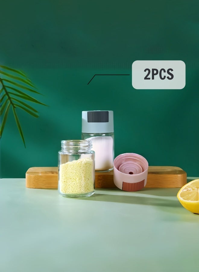Metering Salt Shaker, Glass Metered Salt Dispenser, Press Type Quantitative Salt Glass Seasoning Bottle, Can Spice Salt Cumin Powder Pepper Shakers BBQ Condiment Seasoning Bottle（Pink&Blue）  - Image 1
