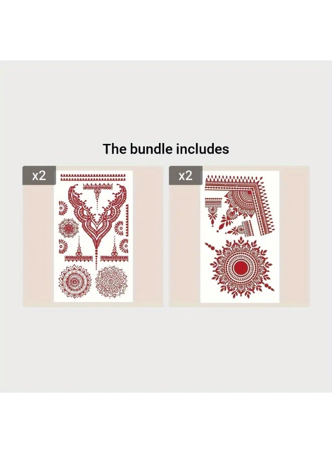 يوكانبي ٤ قطع من ملصقات تاتو الدانتيل بلون خمري – تاتو مؤقت بنقل مائي للمناسبات والمكياج، أنيق ومقاوم للماء - Image 1