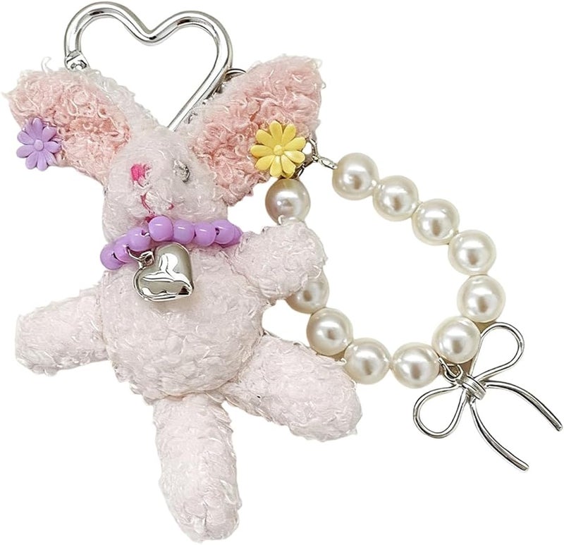 Beige Rabbit Keyring With Detachable Pearls Hairpin Plush Bag Charm For Women Accessories - Image 4