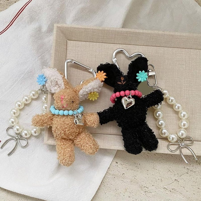 Beige Rabbit Keyring With Detachable Pearls Hairpin Plush Bag Charm For Women Accessories - Image 2