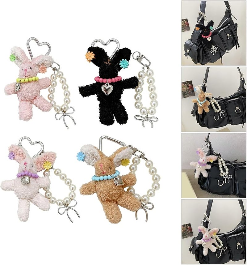 Beige Rabbit Keyring With Detachable Pearls Hairpin Plush Bag Charm For Women Accessories - Image 1