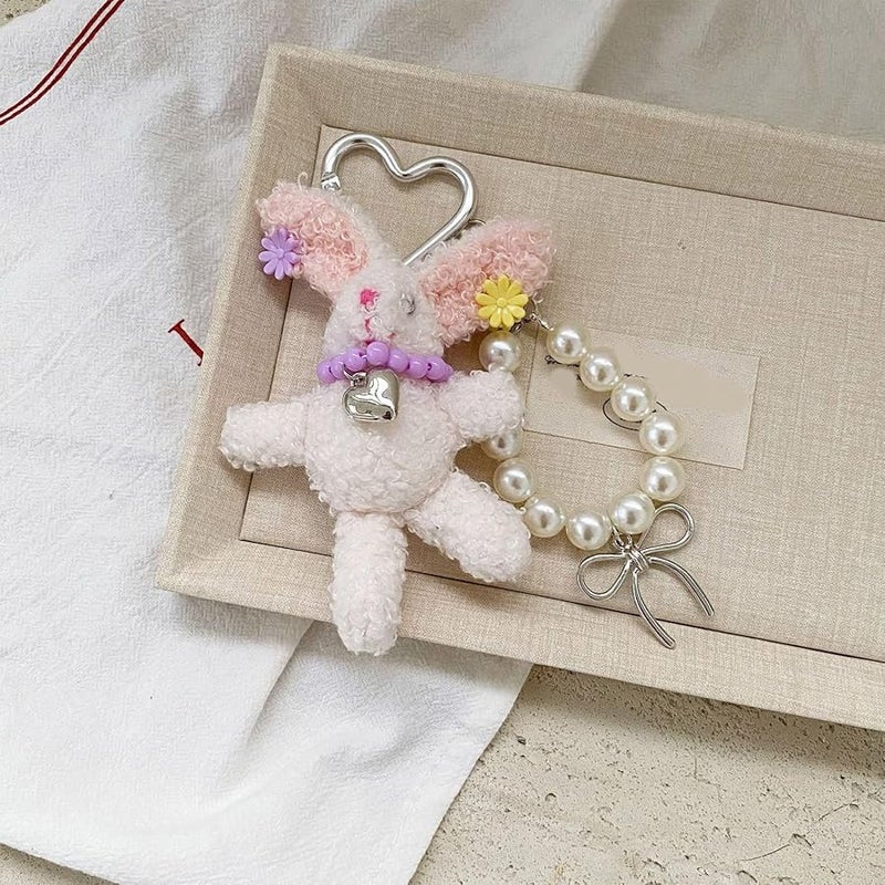 Beige Rabbit Keyring With Detachable Pearls Hairpin Plush Bag Charm For Women Accessories - Image 3
