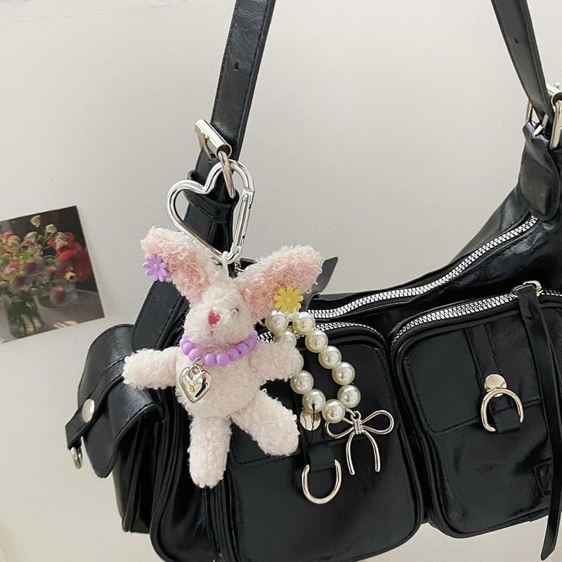 Beige Rabbit Keyring With Detachable Pearls Hairpin Plush Bag Charm For Women Accessories - Image 5
