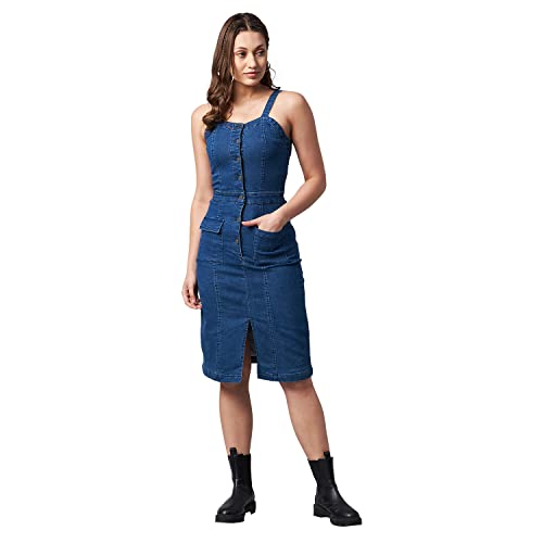 StyleStone Women's Washed Blue Denim Lycra Fitted Dress - Image 1