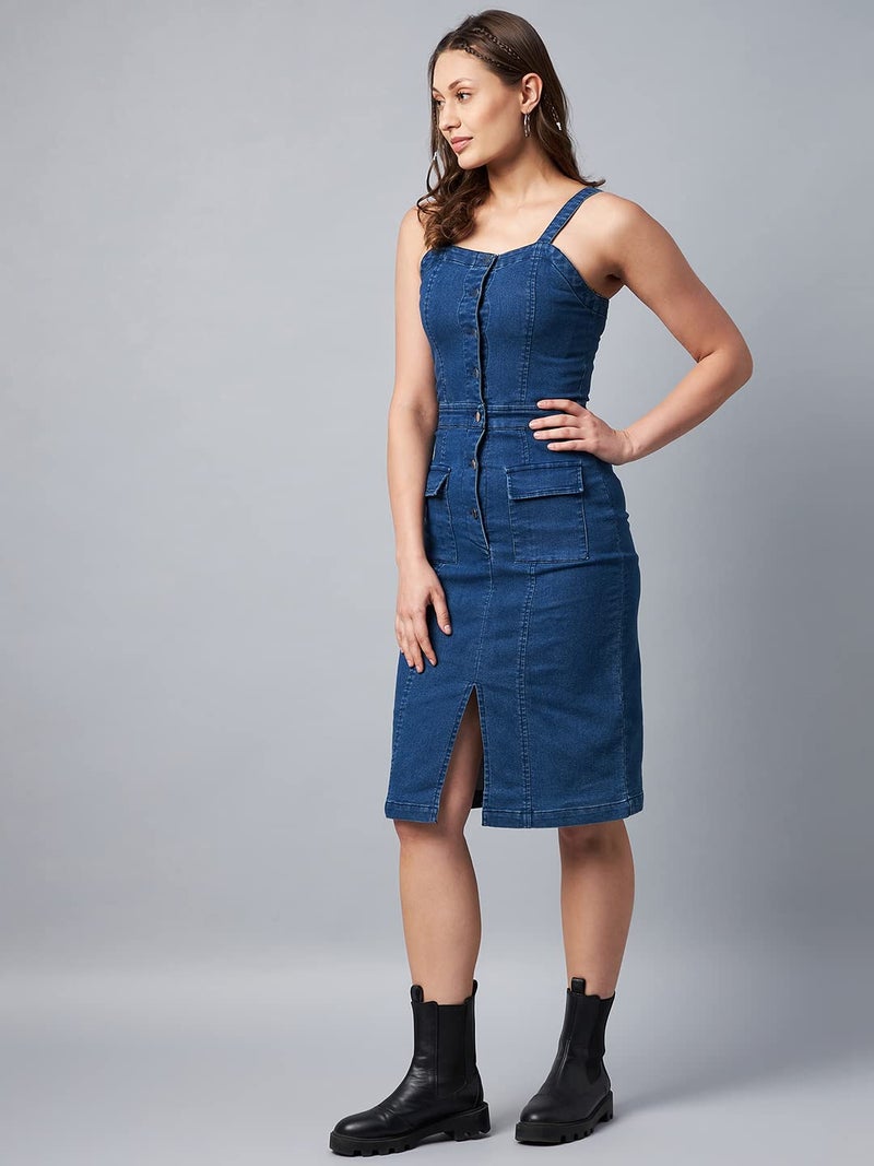 StyleStone Women's Washed Blue Denim Lycra Fitted Dress - Image 3