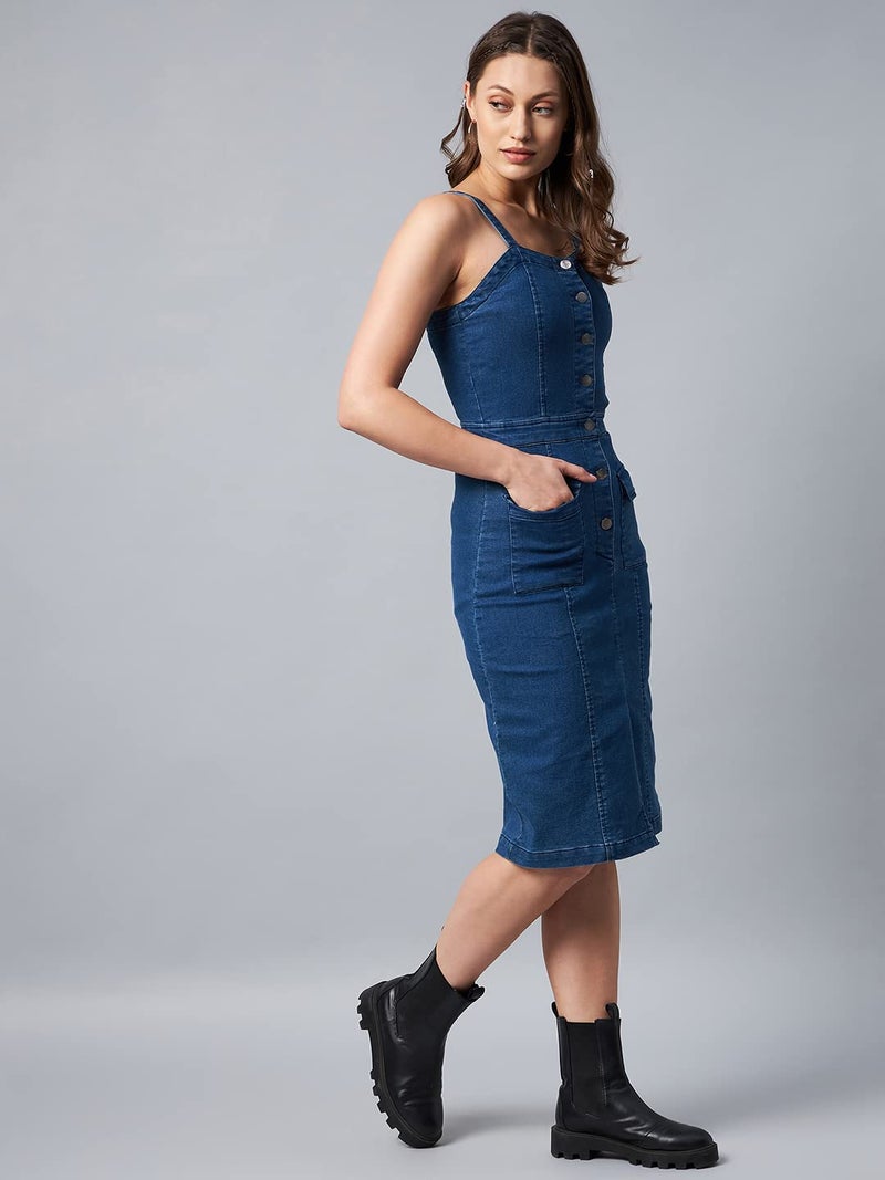 StyleStone Women's Washed Blue Denim Lycra Fitted Dress - Image 4