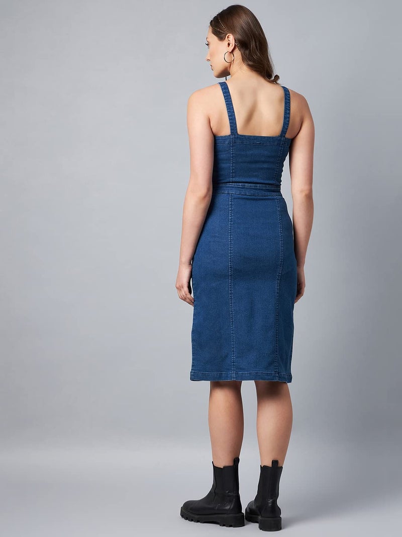 StyleStone Women's Washed Blue Denim Lycra Fitted Dress - Image 2