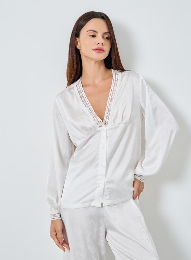 Styli Satin Heart Jacquard Buttoned Shirt and Pyjama Set - Image 3