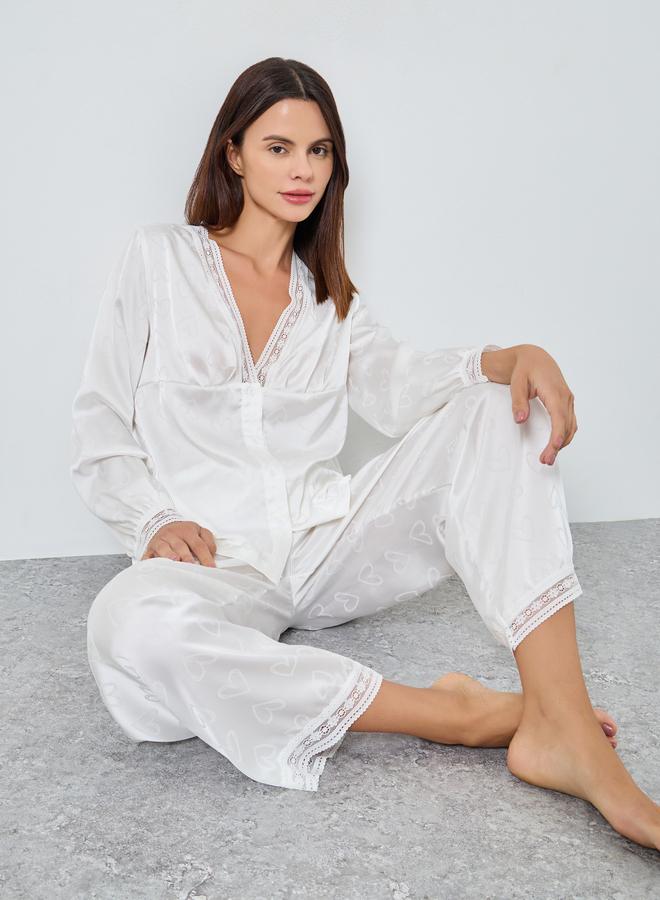 Styli Satin Heart Jacquard Buttoned Shirt and Pyjama Set - Image 1
