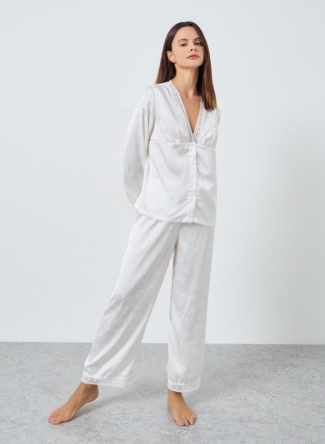 Styli Satin Heart Jacquard Buttoned Shirt and Pyjama Set - Image 2