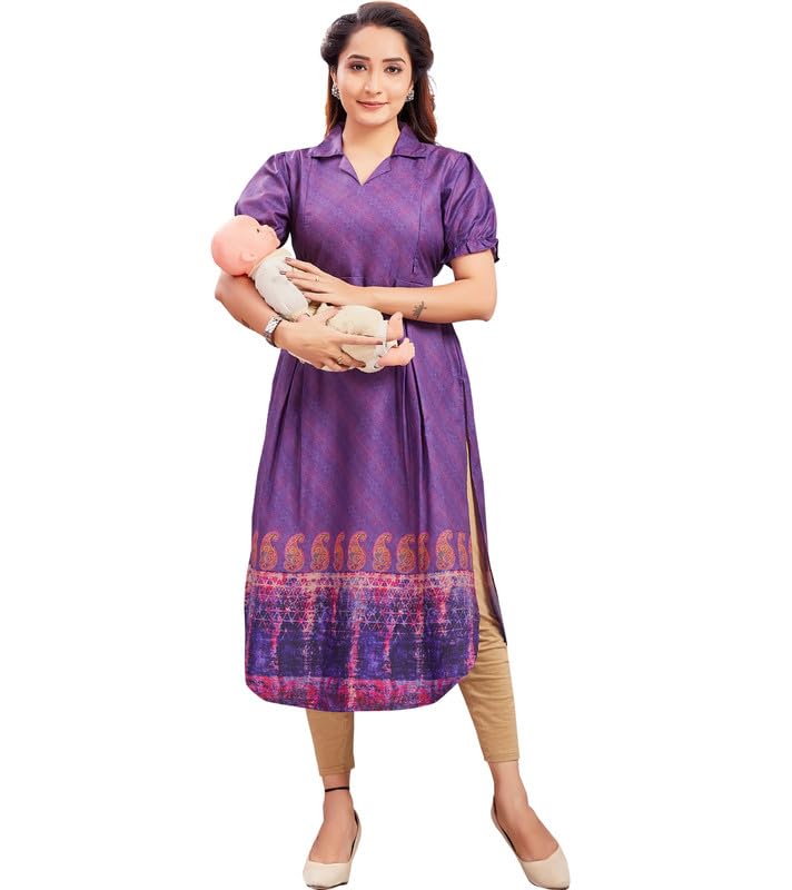 RITIJYA Feeding Kurtis for Women with Zip | Straight Maternity Pregnancy Dress for Nursing Mothers | Viscose Rayon | Maternity Wear Feeding Dress Tops (9242_46,Sweet Perpal) - Image 1