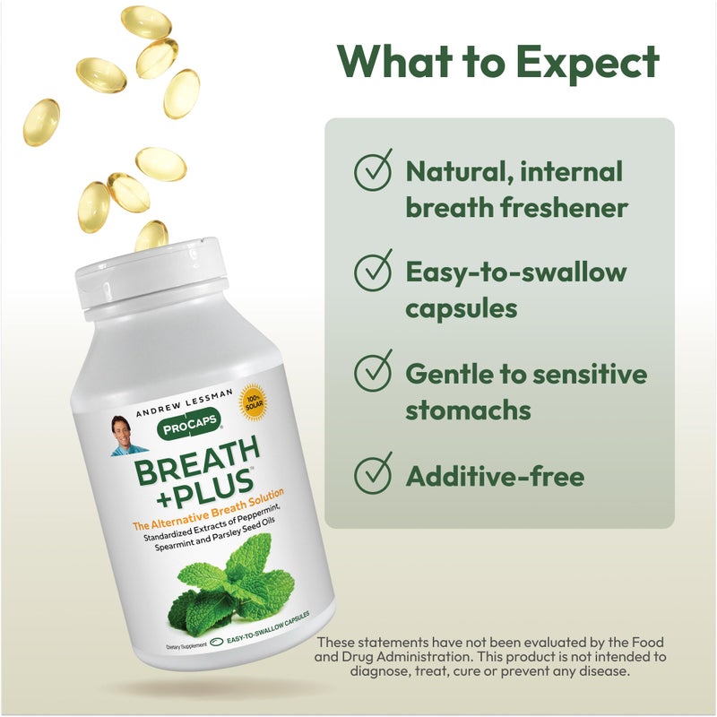 ANDREW LESSMAN Breath Plus 180 Softgels - Natural Breath Freshener, Helps Eliminate Odors from Food, Smoking, Morning Breath from The Inside Out. Peppermint, Spearmint. Easy to Swallow Softgels - Image 4