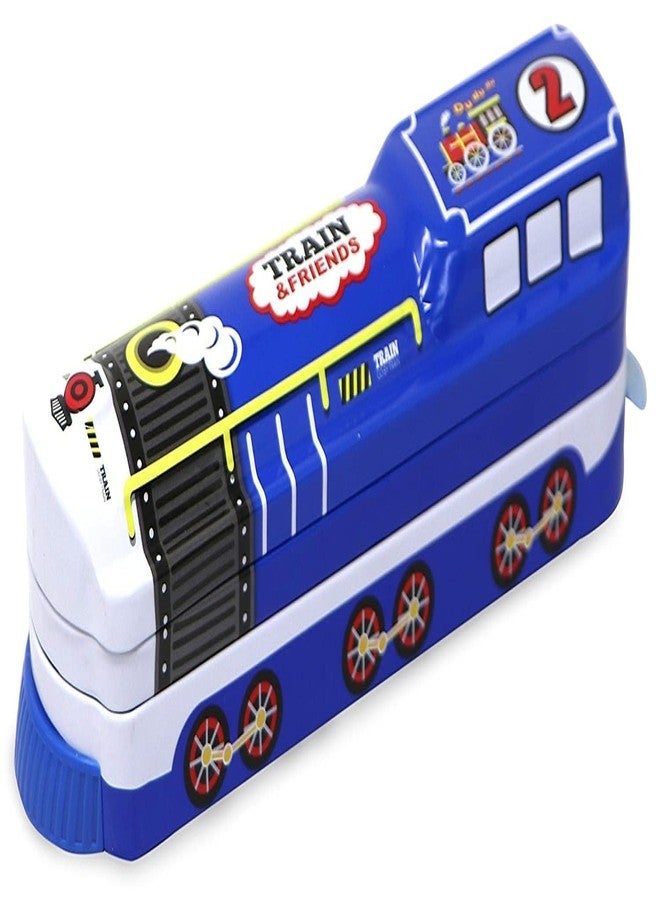 JAPSI Train Engine Metal Pencil Box with Two Compartments, Working Wheels, Blue and White, School Stationery Storage Case | - Image 1