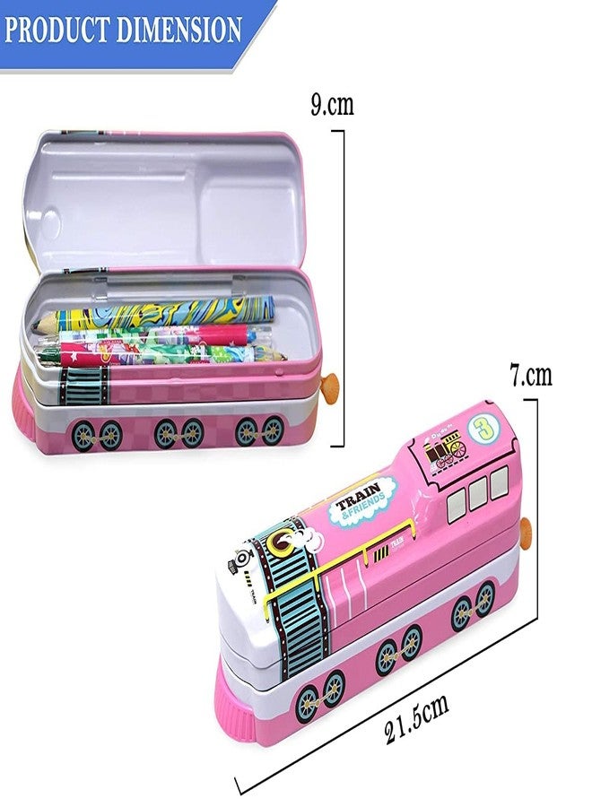 JAPSI Train Engine Metal Pencil Box with Two Compartments, Working Wheels, Blue and White, School Stationery Storage Case | - Image 3