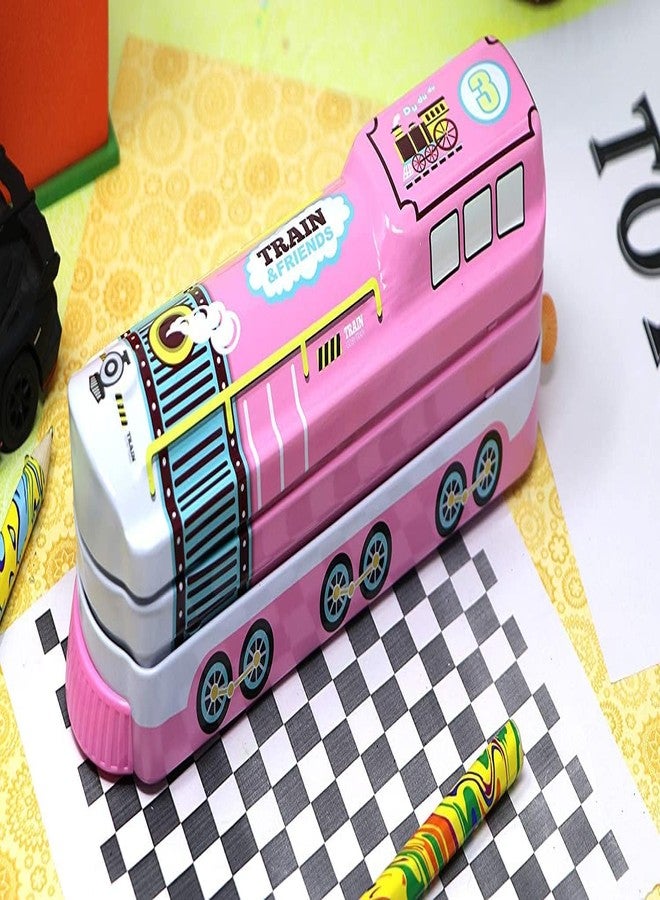 JAPSI Train Engine Metal Pencil Box with Two Compartments, Working Wheels, Blue and White, School Stationery Storage Case | - Image 2