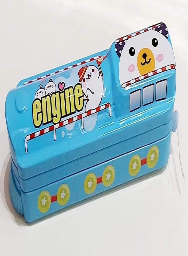 JAPSI Train Engine Metal Pencil Box with Two Compartments, Working Wheels, Blue and White, School Stationery Storage Case | - Image 4
