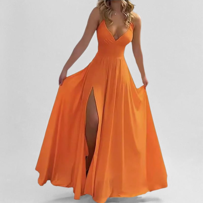 2026 Spring Women's Spaghetti Strap Dress, Solid Color Slit Long Dress - Image 4