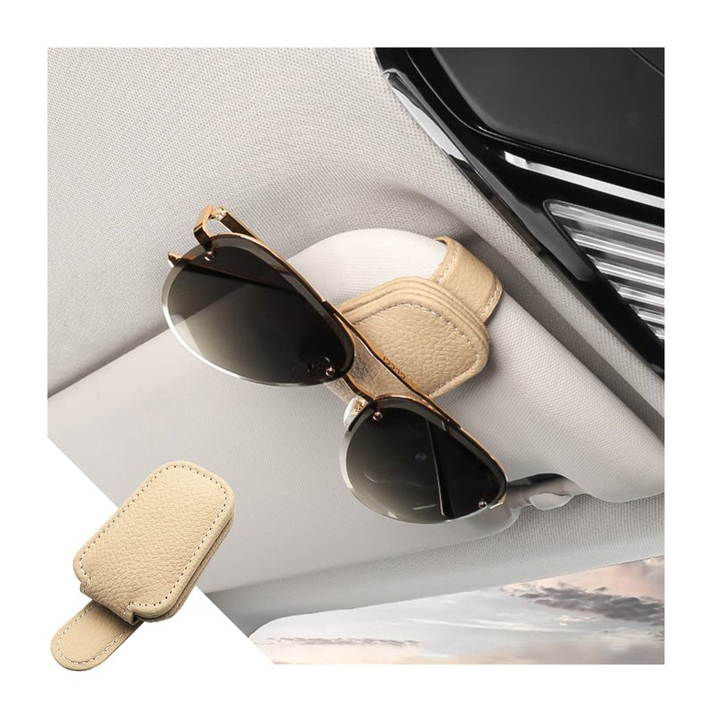 Fekey&JF Magnetic Leather Sunglasses Holder for Car Sun Visor, Eyeglass Hanger Clip for Car, Sunglasses Organizer Storage, Car Interior Accessories (Beige) - Image 1