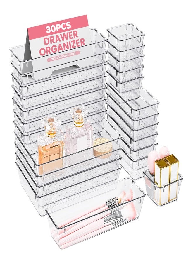 Criusia 30 Pcs Set Storage Organizer Set | Kitchen & Makeup Organizer | Multi-Purpose Organizer | Desk Drawer Divider Tray | Stationery Organizer | Transparent - Image 1