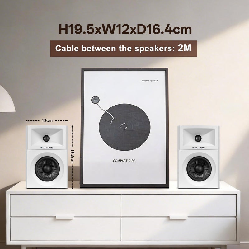 Sanyun SW203 4.0 Computer Speakers - 60W 4-Way DSP Control 3D Immersive Sound - 3" Carbon Fiber Woofer & 20mm Silk Dome Tweeter - 24bit DAC USB/Bluetooth 5.4/AUX - Studio-Grade Audio (Pair, White) - Image 2