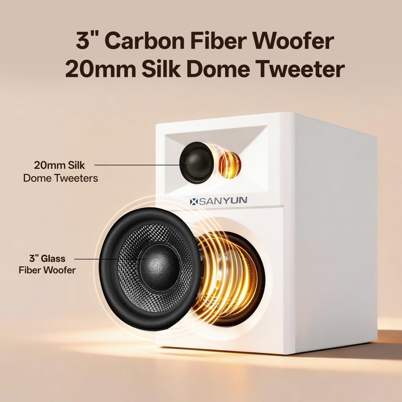 Sanyun SW203 4.0 Computer Speakers - 60W 4-Way DSP Control 3D Immersive Sound - 3" Carbon Fiber Woofer & 20mm Silk Dome Tweeter - 24bit DAC USB/Bluetooth 5.4/AUX - Studio-Grade Audio (Pair, White) - Image 3