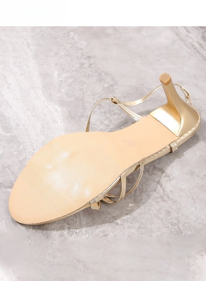 Women's Strappy Open Toe High Heels Gold Round Head Design with 6 Cm Slim High Heels Adjustable Ankle Tightness Daily Wear Street Casual Comfortable Lightweight GoldWomen's Strappy Open Toe High Heels Gold Round Head Design with 6 Cm Slim High Heels Adjustable Ankle Tightness Daily Wear Street Casual Comfortable Lightweight Gold - Image 4