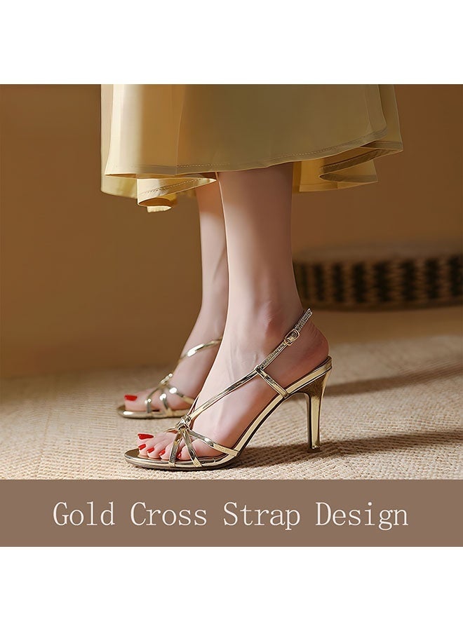 Women's Strappy Open Toe High Heels Gold Round Head Design with 6 Cm Slim High Heels Adjustable Ankle Tightness Daily Wear Street Casual Comfortable Lightweight GoldWomen's Strappy Open Toe High Heels Gold Round Head Design with 6 Cm Slim High Heels Adjustable Ankle Tightness Daily Wear Street Casual Comfortable Lightweight Gold - Image 1