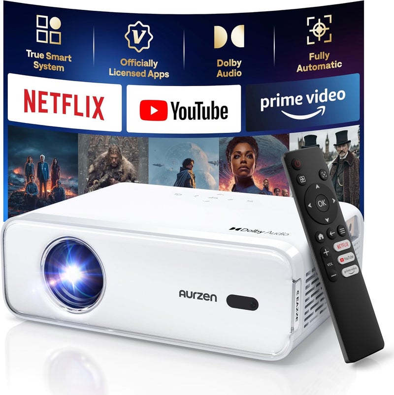 Aurzen جهاز عرض ذكي Aurzen EAZZE D1 مع واي فاي وبلوتوث، تطبيق مرخص رسميًا، تركيز تلقائي/تصحيح الانحراف، مكبرات صوت DoIby Audio بقوة 16 واط، دقة أصلية 1080P، دعم HDR10 و4K، جهاز عرض محمول صغير للأفلام الخارجية - Image 1