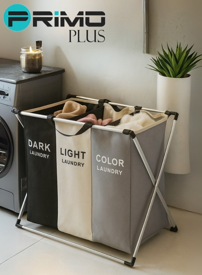 PRIMO PLUS 137L Large-Capacity Triple Laundry Hamper Basket with Foldable X-Frame Aluminum Stand, Removable and Washable Waterproof Compartments for Dark, Light, and Color Clothes, Lightweight and Space-Saving Design with Carry Handles, Ideal for Bathroom, Bedroom, and Laundry Room Organization - Image 2