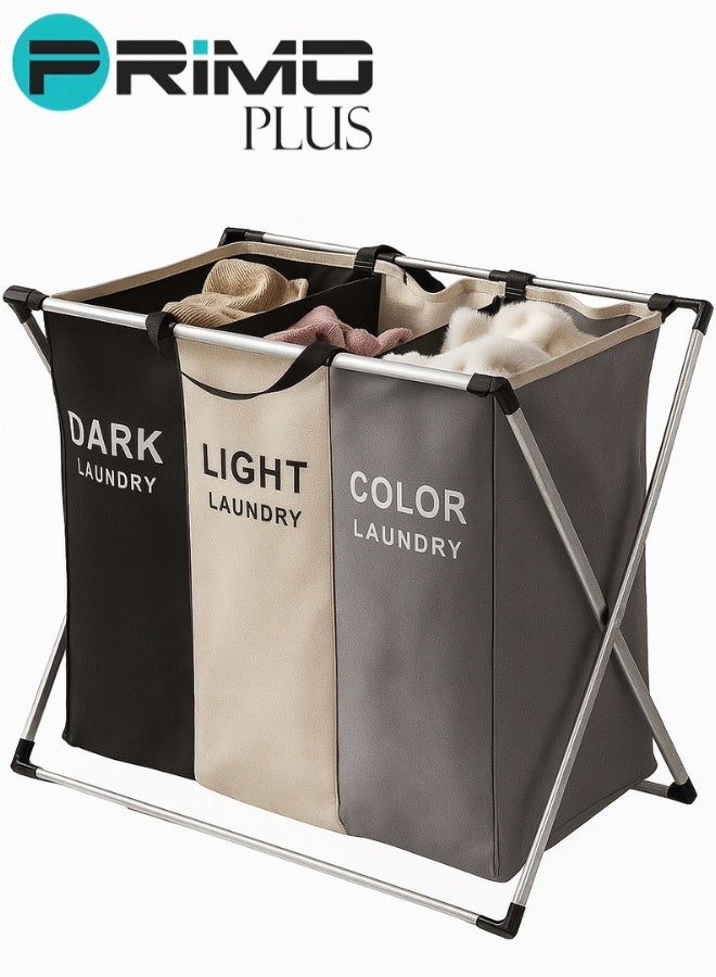 PRIMO PLUS 137L Large-Capacity Triple Laundry Hamper Basket with Foldable X-Frame Aluminum Stand, Removable and Washable Waterproof Compartments for Dark, Light, and Color Clothes, Lightweight and Space-Saving Design with Carry Handles, Ideal for Bathroom, Bedroom, and Laundry Room Organization - Image 1