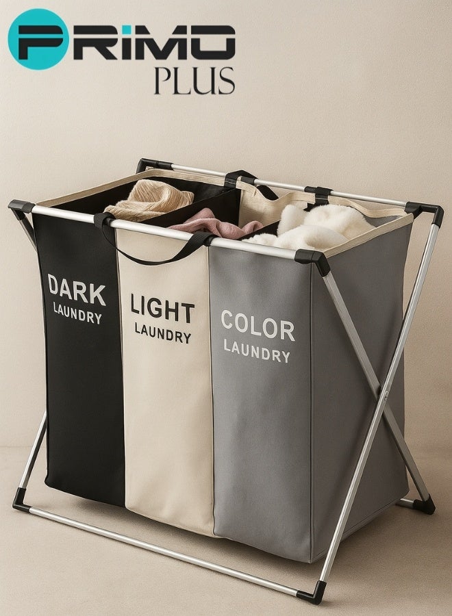 PRIMO PLUS 137L Large-Capacity Triple Laundry Hamper Basket with Foldable X-Frame Aluminum Stand, Removable and Washable Waterproof Compartments for Dark, Light, and Color Clothes, Lightweight and Space-Saving Design with Carry Handles, Ideal for Bathroom, Bedroom, and Laundry Room Organization - Image 4